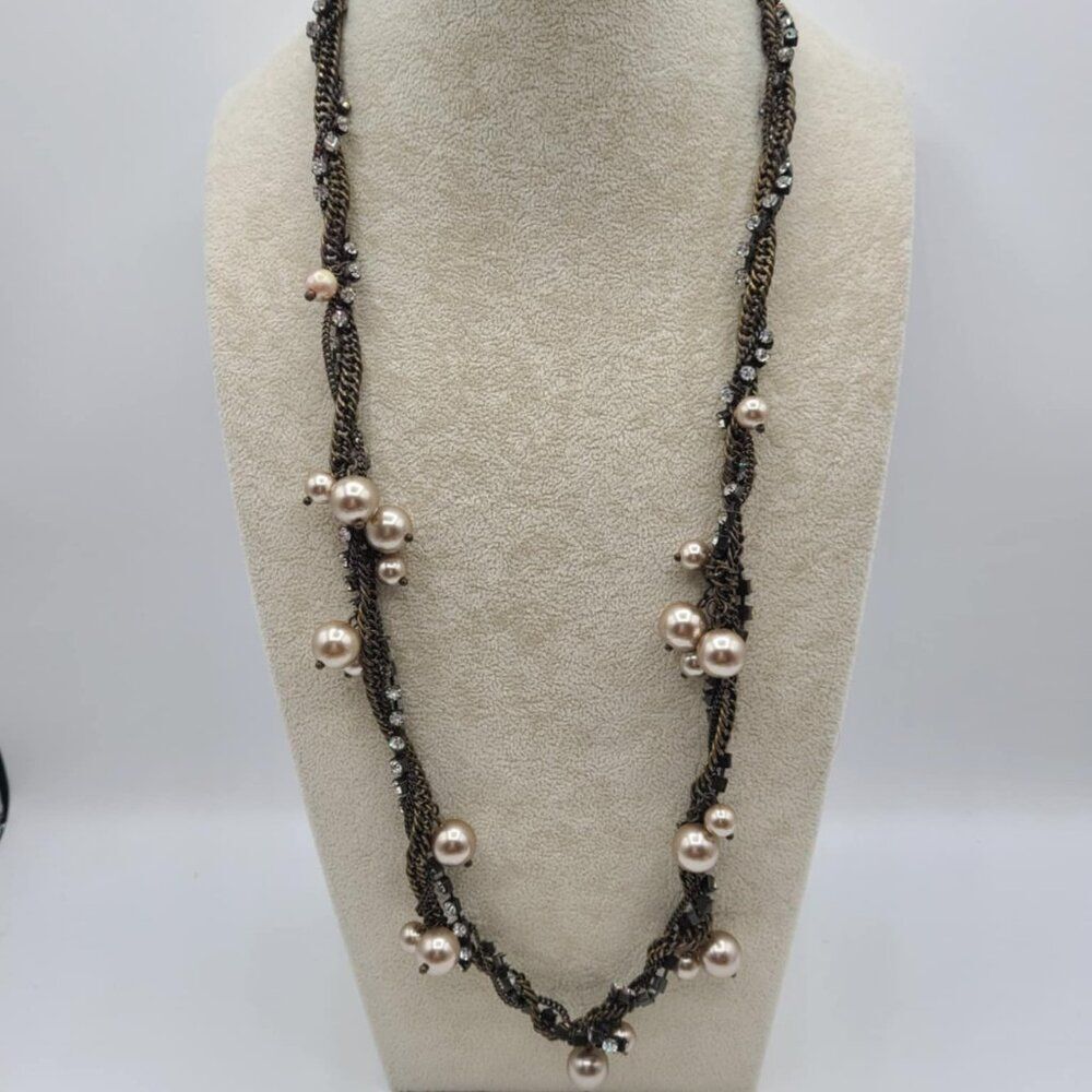 J Crew Copperish Necklace with Faux Pearls and Clear Crystals - Picture 1 of 13